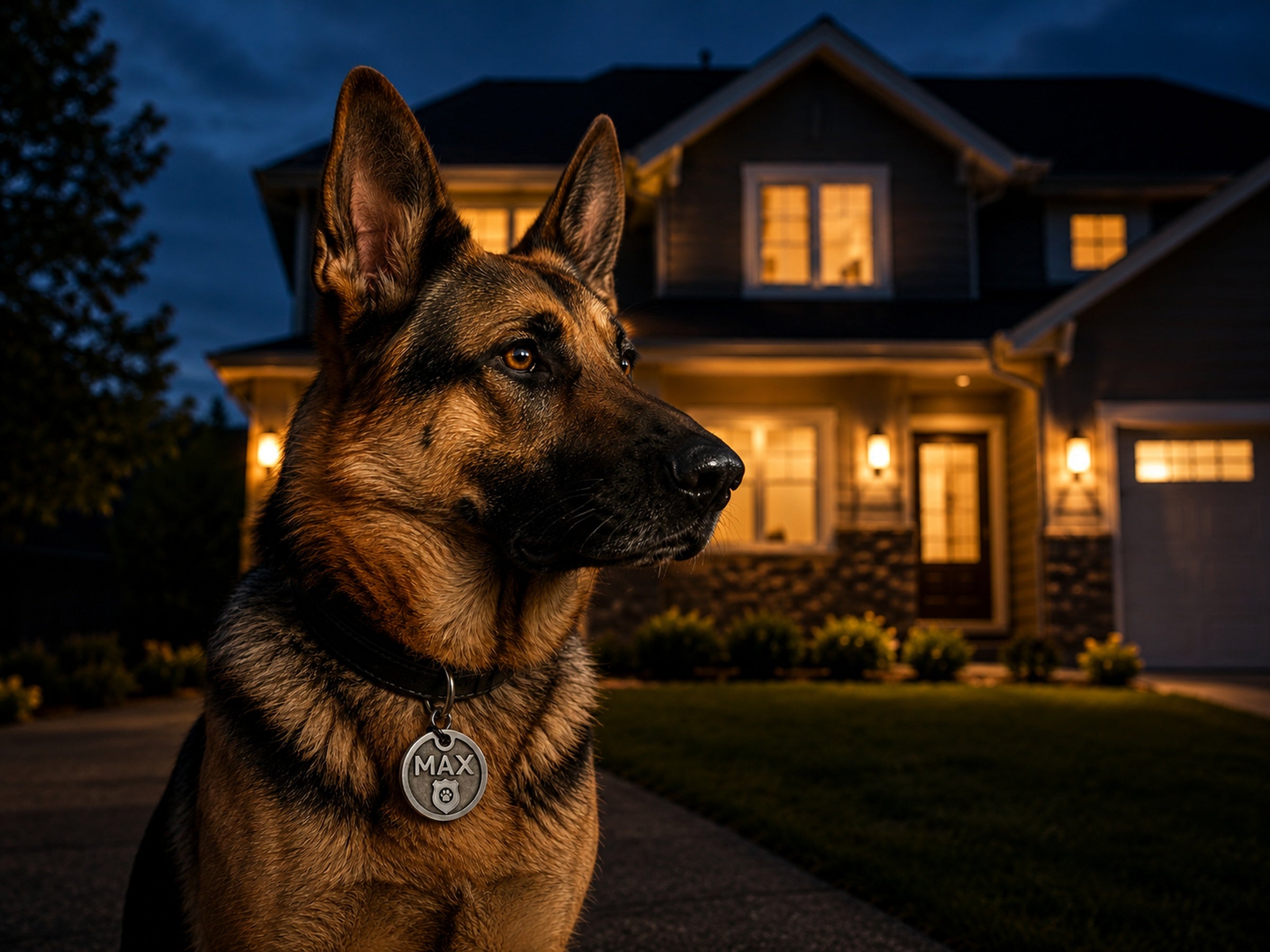 German shepherd wearing INMARK Badge pet tag at night