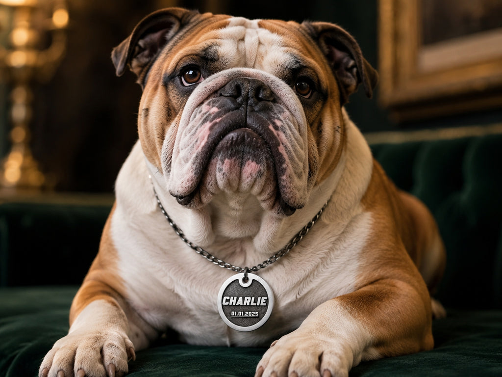 Bulldog wearing INMARK Classic ID pet tag