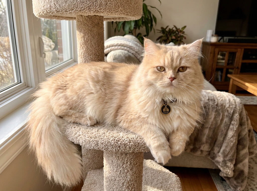 Cat wearing INMARK Coco pet tag on a cat tree