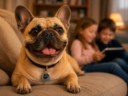 French bulldog wearing INMARK Crescent pet tag