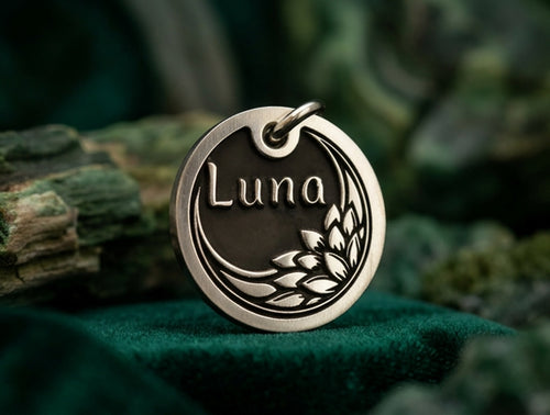 INMARK Crescent pet tag - moon and botanical engraving