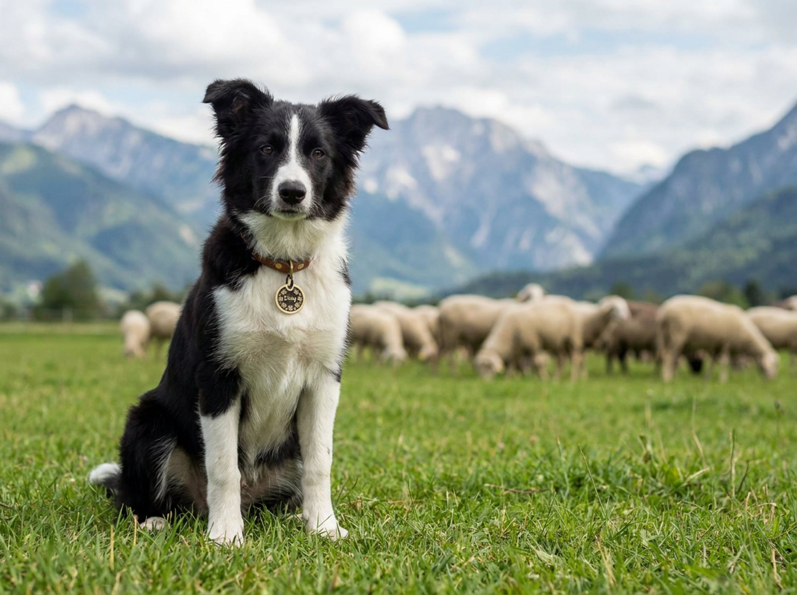 Border collie wearing INMARK Daisy pet tag with sheep