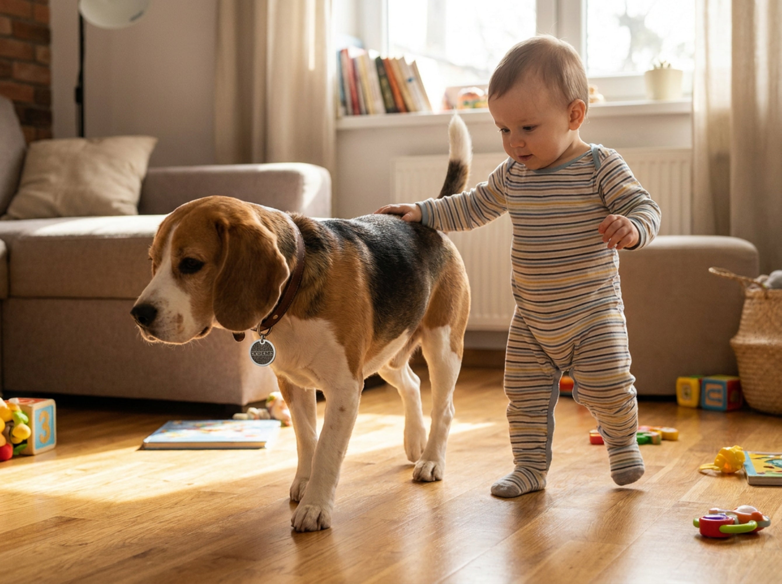 Beagle wearing INMARK Digit pet tag with a toddler