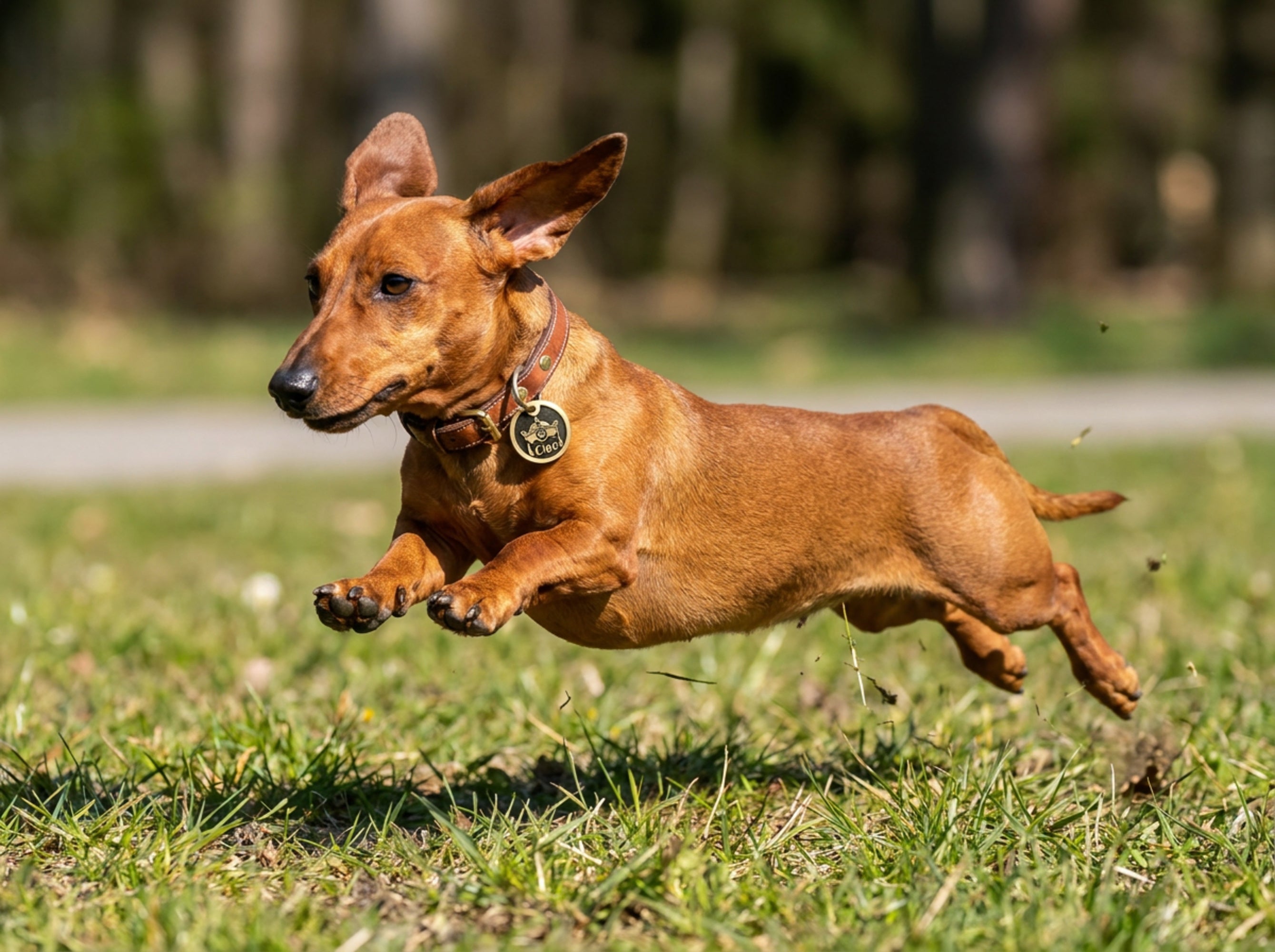 Dachshund running with INMARK Emperor pet tag