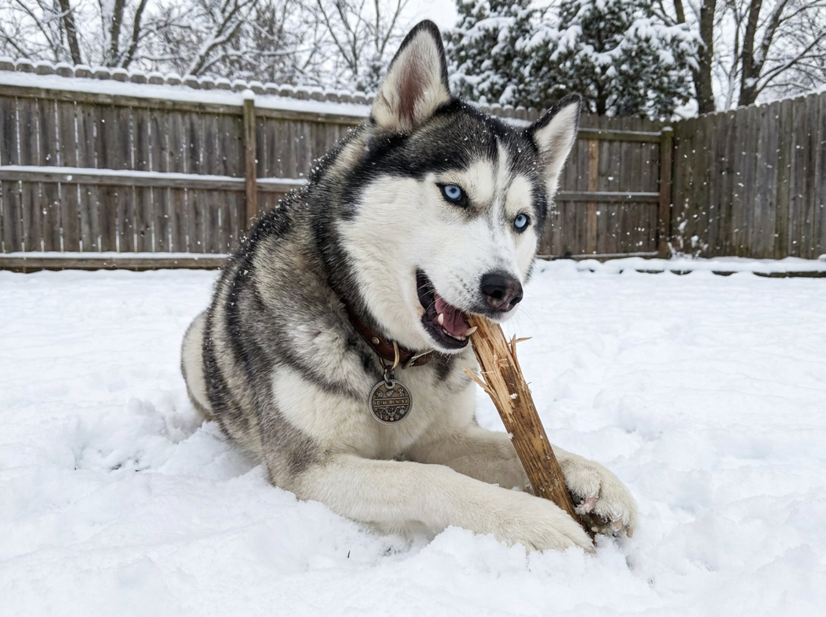 Husky wearing INMARK Ghost pet tag in the snow