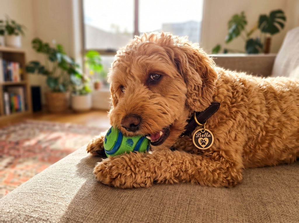 Dog wearing INMARK Heart pet tag on the couch