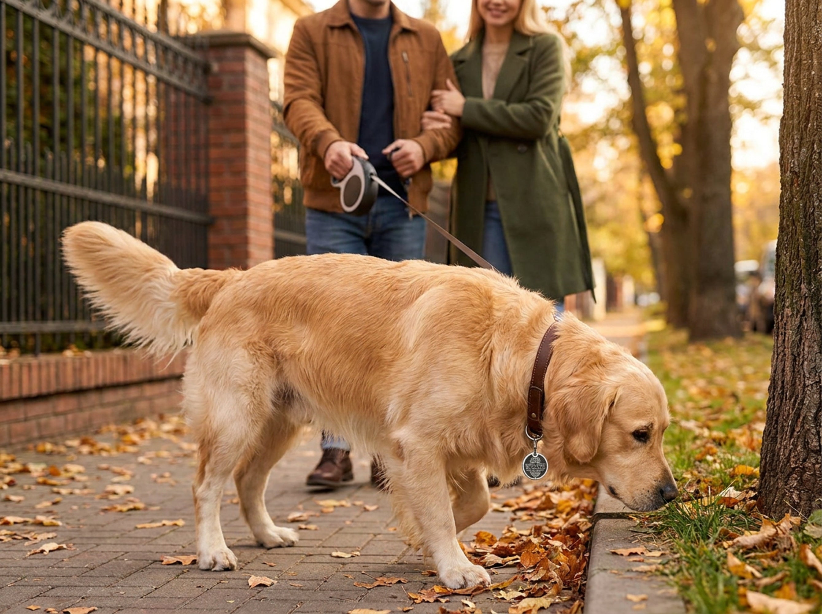 Golden retriever wearing INMARK Knot pet tag on a walk