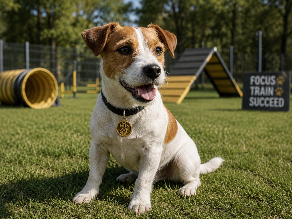 Dog wearing INMARK Mushroom pet tag at agility park