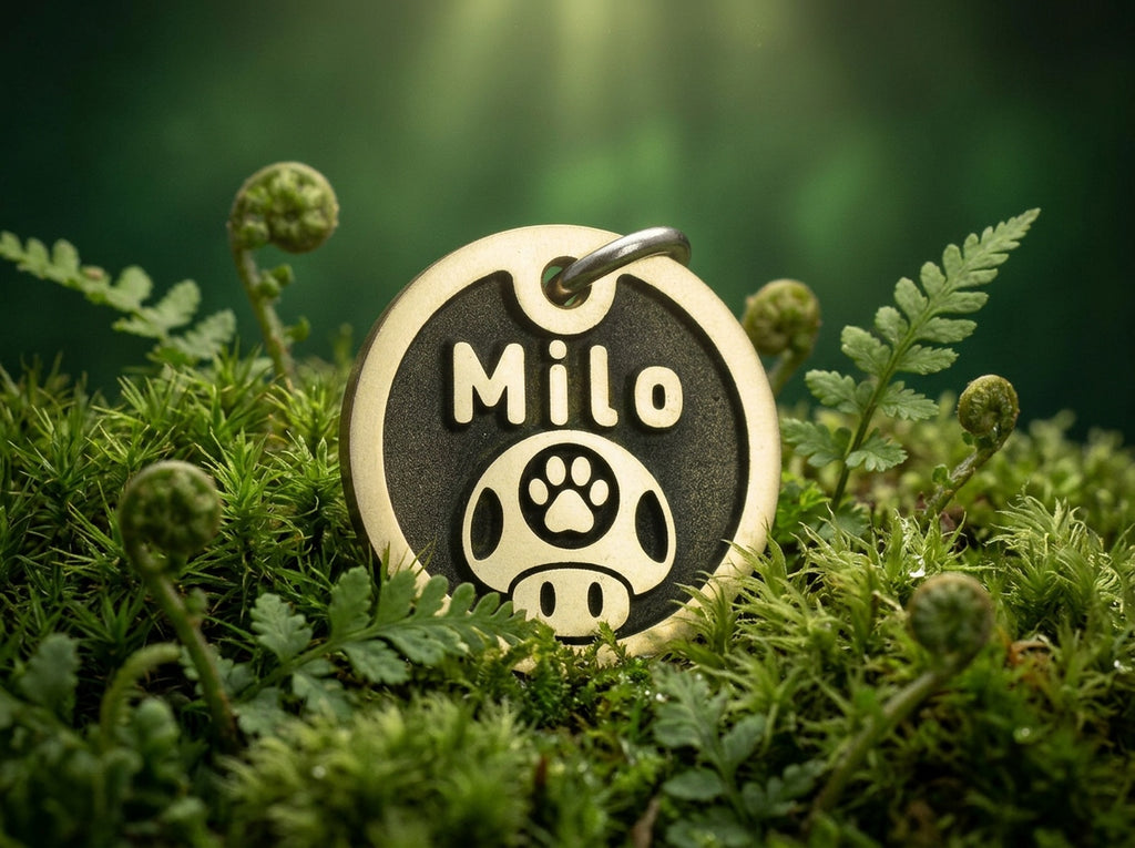 INMARK Mushroom pet tag - paw print toadstool engraving