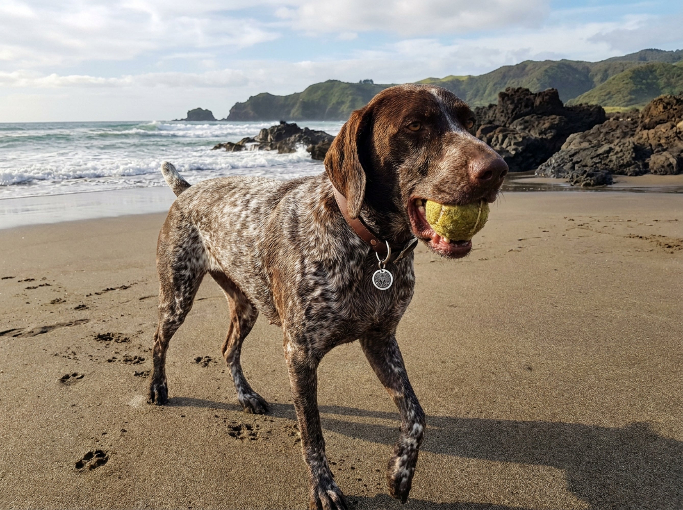 Dog wearing INMARK Willow pet tag at the beach